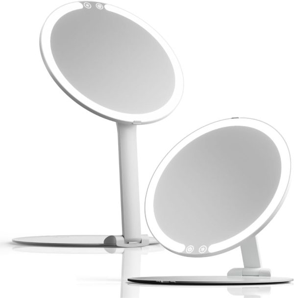 Rechargeable Travel Makeup Mirror with LED Light, 8" Foldable Stand, 3 Color Lighting Travel Mirror. Dimmable & Lightweight Portable Vanity Mirror, Beauty Travel Essential