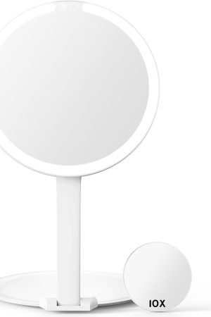 USB Foldable LED Vanity Mirror for Travel, 3 Lighting Colors Dimmable with 10X Suction Cup Magnifying Pocket Mirror, USB Rechargeable Touch Control Makeup Mirror for Table Desktop Bathroom, White