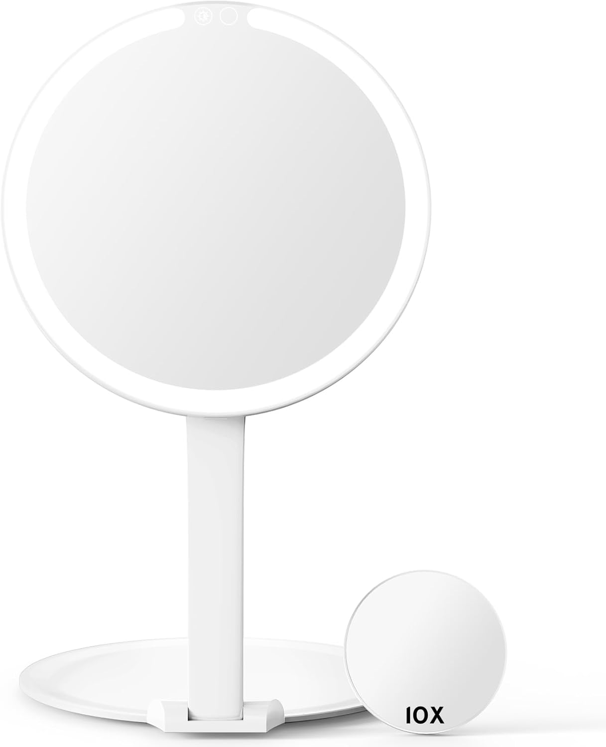 USB Foldable LED Vanity Mirror for Travel, 3 Lighting Colors Dimmable with 10X Suction Cup Magnifying Pocket Mirror, USB Rechargeable Touch Control Makeup Mirror for Table Desktop Bathroom, White