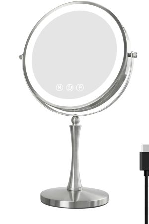 9" Large Lighted Makeup Mirror with Magnification 1X/10X, Light up Mirror 3 Colors Dimmable LED Lighting, Makeup Mirror with Magnification, 360°Rotation Double Sided, Brushed Nickel