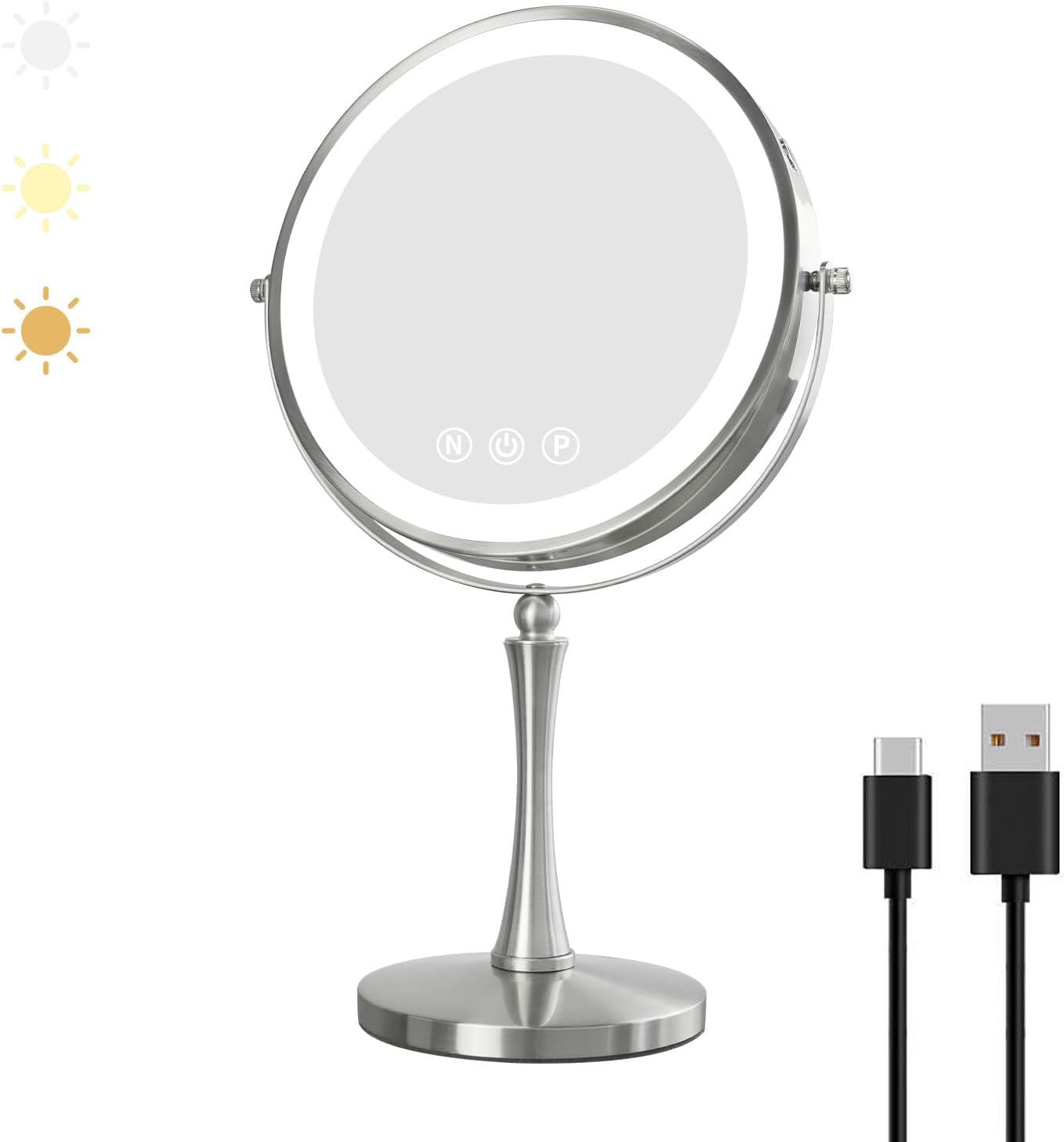 9" Large Lighted Makeup Mirror with Magnification 1X/10X, Light up Mirror 3 Colors Dimmable LED Lighting, Makeup Mirror with Magnification, 360°Rotation Double Sided, Brushed Nickel