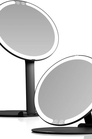 Rechargeable Travel Makeup Mirror with LED Light, 8" Foldable Stand, 3 Color Lighting Travel Mirror. Dimmable & Lightweight Portable Vanity Mirror, Beauty Travel Essential (Black)