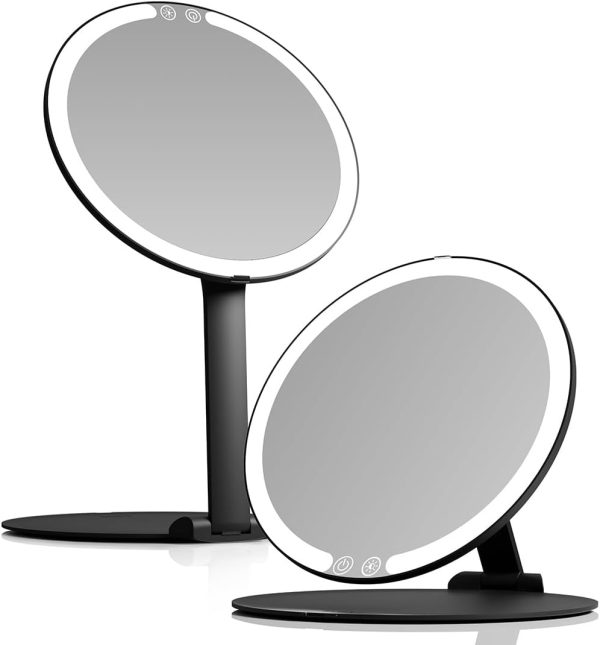Rechargeable Travel Makeup Mirror with LED Light, 8" Foldable Stand, 3 Color Lighting Travel Mirror. Dimmable & Lightweight Portable Vanity Mirror, Beauty Travel Essential (Black)