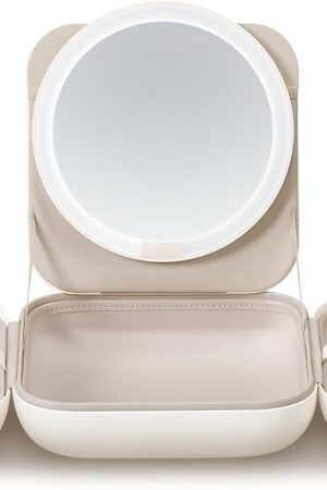 Makeup Mirror with Bag - Portable  Makeup Mirror with Lights, 5-Level Brightness, 3-Color Lights - Travel Makeup Organizer - White