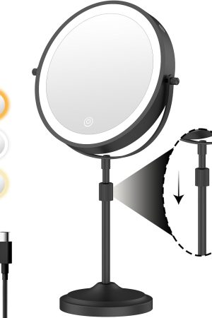 9" Lighted Makeup Mirror with 1X 10x Magnification, 5000mAh Rechargeable Led Magnifying Vanity mirror with lights, 3 Lighting Colors, Brightness Dimmable Height Adjustable Cosmetic Mirror Black