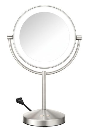 Lighted Makeup Mirror, Double-Sided LED Vanity Mirror with 1X/10X Magnification, 3 Light Settings, 3 Modes, 360° Rotation, Satin Nickel Finish