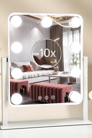 Hollywood Vanity Mirror with Lights,Tabletop Makeup Mirror with 9 LED Lights Smart Touch Control 3 Colors Light 360°Rotation Detachable 10X Magnification