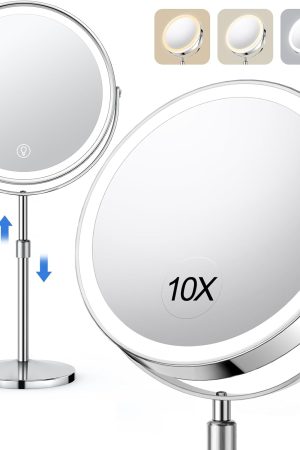 Lighted Makeup Mirror, Rechargeable Height Adjustable Double Sided, 1x/10x Magnifying with 3 Color, Brightness Adjustable, 360° Rotation Vanity, Gift for Women