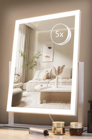Lighted Makeup Mirror, Hollywood Vanity Mirror with Lights, Three Color Lighting Modes, and 5X Magnification Mirror, Smart Touch Control, 360°Rotation (17.3in,White,Gift Box)