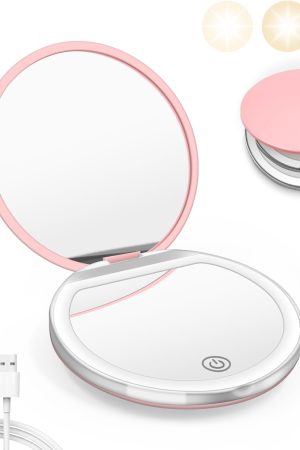 Compact Mirror with Light, 1X/3X Magnification LED Pocket Mirror with USB Data Cable,Mini Mirror for Purse, Pocket,Travel and Present (Pink)