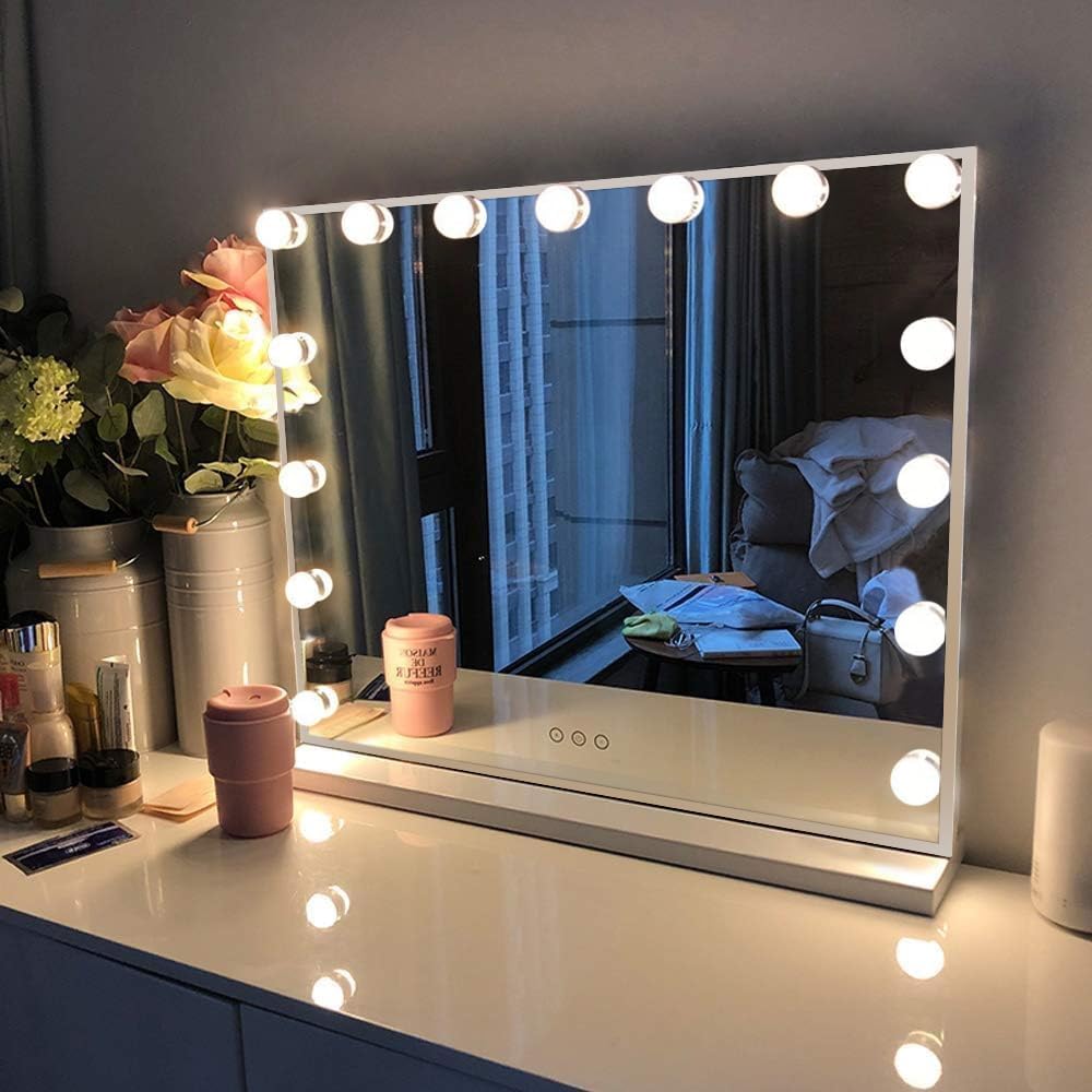 Vanity Mirror with Lights, Lighted Makeup Mirror with 15 Dimmable LED Bulbs for Dressing Room & Bedroom, Slim Metal Frame Design, White