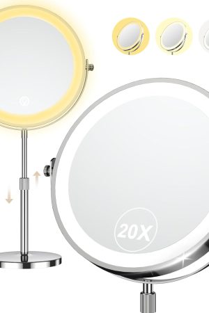 9" Makeup Mirror with Lights, 20X Vanity Mirror with Lights,3 Color Height Adjustable Lighted Makeup Mirror with Magnification, 5000mAh Rechargeable 360° Double Sided LED Mirror for Desk, Women Gift
