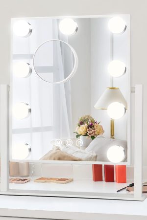 Lighted Vanity Makeup Mirror with Lights Hollywood Cosmetic Mirror with 9 Dimmable LED Bulbs for Dressing Room Tabletop, 3 Color Lighting, Detachable 10X Magnification Mirror, White