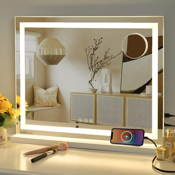 Vanity Mirror with Lights, 23" x 18" Makeup Mirror, Hollywood Mirror with 3 Color Modes & Adjustable Brightness, Detachable 10x Zoom Mirror and USB Charging Design (White)