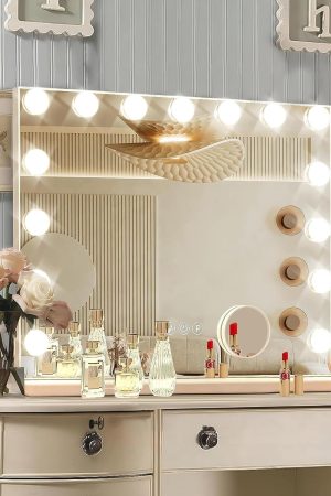 Hollywood Vanity Mirror with Lights, 15 Dimmable Bulbs, 3 Color Lights,Make Up Lighted Mirror, Aluminum Metal Frame, USB Charging Port（23" x 18"）