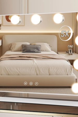 360° Vanity Mirror with Lights 11 Led Bulbs Hollywood Lighted Makeup Mirror with 5X Magnification Mirror Hollywood Cosmetic Mirror Tabletop Makeup Mirror with 3 Lighting Modes 16x13 Inch