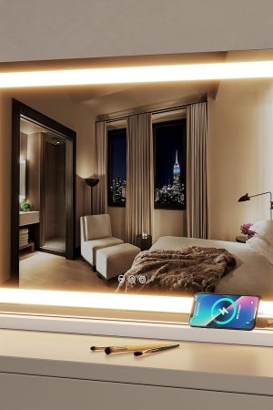 Vanity Mirror with Lights 32" x 23" LED Makeup Mirror with Lights, Dimmable 3-Color Lighting and 5X Magnification Mirror, Touch Screen Control, Wall-Mountable and Tabletop Design