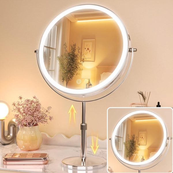 10" Lighted Makeup Mirror with 7X Magnification, Rechargeable Vanity Mirror with Lights, 3 Color Modes, Adjustable Height & 360° Rotation
