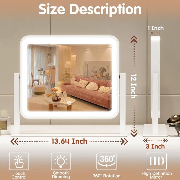 Vanity Mirror with Lights 14"×12" Makeup Mirror with Lights,Lighted Vanity Mirror Tabletop,Smart Touch with 3-Color Lighting,Dimmable,for Vanity Desk Tabletop - Image 2