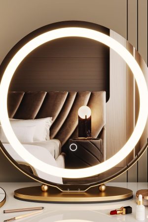 Vanity Mirror with Led Lights, 19 Inches Touch Control 3 Color 2024 New Dimmable Makeup Mirror, 360°Rotation Round Desk Mirror, Easy to Assemble (Gold)
