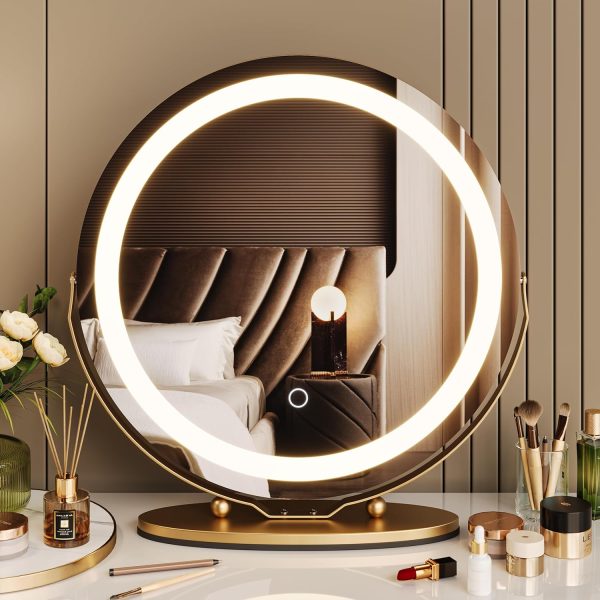 Vanity Mirror with Led Lights, 19 Inches Touch Control 3 Color 2024 New Dimmable Makeup Mirror, 360°Rotation Round Desk Mirror, Easy to Assemble (Gold)