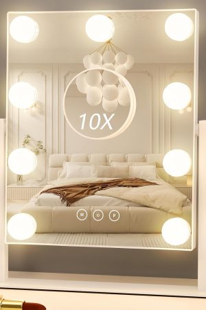Vanity Mirror with Lights, Hollywood Vanity Makeup Mirror with 9 Dimmable LED Bulbs, 3 Color Lighting Modes, Detachable 10X Magnification, 360°Rotation,White