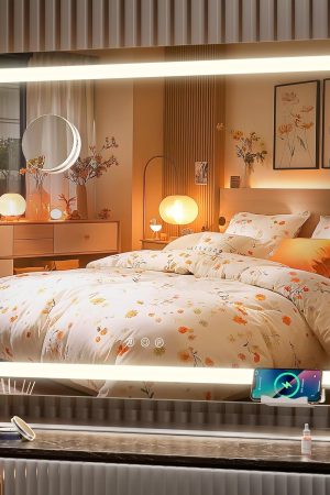 Vanity Mirror with Lights, 25" x 21" LED Makeup Mirror, Light up Mirror with 10X Magnification and Phone Holder, USB Charging Port, Smart Touch 3 Colors Dimmable, 360° Rotation (White)