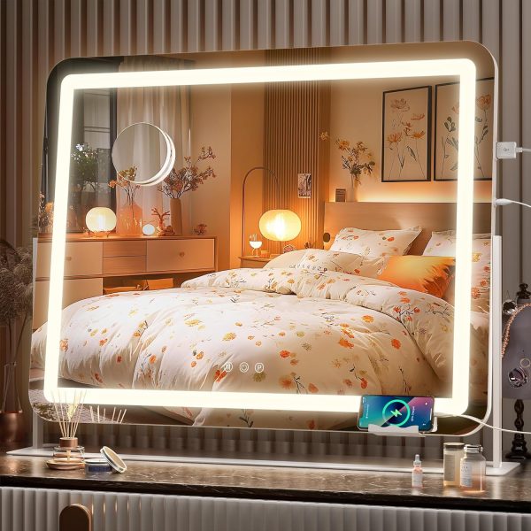 Vanity Mirror with Lights, 25" x 21" LED Makeup Mirror, Light up Mirror with 10X Magnification and Phone Holder, USB Charging Port, Smart Touch 3 Colors Dimmable, 360° Rotation (White)
