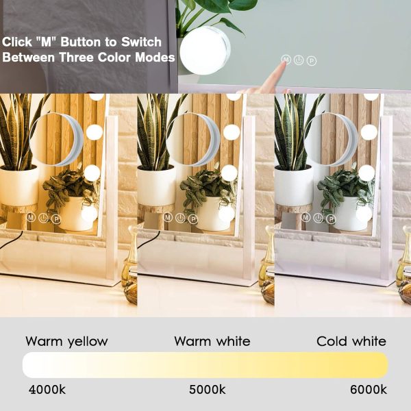 Lighted Makeup Mirror  Mirror Vanity Mirror with Lights, Touch Control Design 3 Colors Dimable LED Bulbs, Detachable 10X Magnification, 360°Rotation, (White) 12" L x 14" W - Image 2