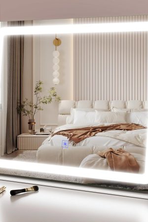22x17 Inch Lighted Vanity Mirror with Dimmable LED Lights - 3 Color Modes, Smart Touch Control & 360° Rotating Base - Desk Makeup Mirror (White)