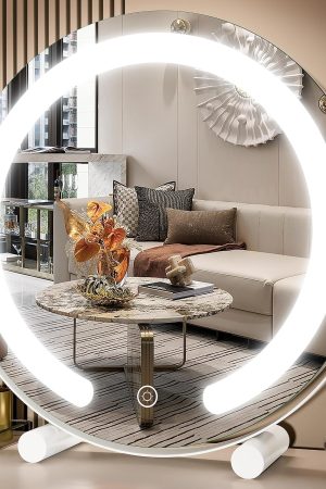 Vanity Mirror with Lights, 13 inch  Lighted Makeup Mirror, Round Makeup Mirror with Lights with 3-Color Lighting, 360° Rotation, Dimmable for Tabletop, Bedroom