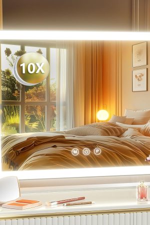 Lighted Makeup Mirror, 17.3"x13"  Vanity Mirror with Led Lights, Three Color Lighting Modes, and 5X Magnification Mirror, Smart Touch Control, 360°Rotation (White, Gift Box)